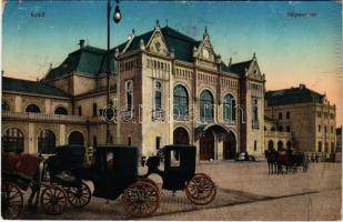 1913 Arad, pályaudvar, vasútállomás, lovas hintók. Kerpel Izsó kiadása / railway station, horse chariots (EK)