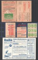 cca 1920-1930 Vegyes sorsjátékkal kapcsolatos tétel, közte Szücs Pál Bankház papírok, prospektusok és boríték (5 db), MEFHOSZ sorsjegy megrendelő ív, M. Kir. Osztálysorsjáték nyeremény jegyzékek (2 db), Belvárosi Változóüzlet Rt. szerencsejáték prospektus, összesen 9 db.