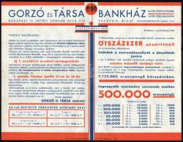 1935 Vegyes Gorzó Bankház sorsjátékkal kapcsolatos prospektus, papír, és boríték, összesen 8 db