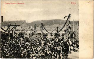 Pécs, Zsolnay szobor leleplezési ünnepsége 1907-ben. Blancz József kiadása (fl)