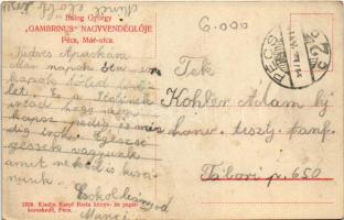 1917 Pécs, Balog György "Gambrinus" nagy vendéglője a Mór utcában, kert vendégekkel. Karpf...
