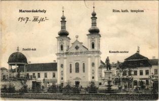 1907 Marosvásárhely, Targu Mures; Római katolikus templom, Zenélő kút, Kossuth szobor, gyógyszertár, Schuster Ödön és Grösszel üzlete, Önkéntes tűzoltó egylet őrtanyája, Benkő Elek és Lukács János üzlete / church, well, statue, pharmacy, shops (szakadás / tear)