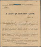 1918.X.8. Zombor (Vajdaság), a zombori pénzügyigazgatóság hirdetménye az 1918/19. évre megállapított fegyveradó összegéről, Dávod község elöljáróságának címezve. (A fejlécen a magyar királyi részt áthúzták, a bélyegzőn a Kir. részt, illetve a címerről a koronát eltávolították.)