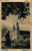 Csíksomlyó, Sumuleu Ciuc; Kegytemplom szerzetessel. Székelyföldi Tanítók Szövetkezete kiadása / pilgrimage church with monk (Rb)