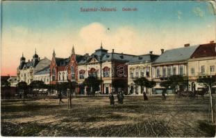 1917 Szatmárnémeti, Szatmár, Satu Mare; Deák tér, Szabó és Fried Salamon üzlete, Közvetítő Bank, Fonciere Pesti Biztosító Intézet főügynöksége. Huszár Aladár kiadása / square, shops, bank, insurance company (EK)