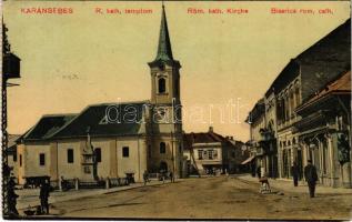 1915 Karánsebes, Caransebes; Római katolikus templom, piac, üzletek. Halász Nándor kiadása / church, market, shops (EK)