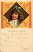 1900 Rosenmund und Kinderblick, Flüstern leis ich bringe Glück! / Children art postcard, girl with ribbon. litho (EK)