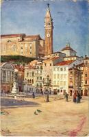 1916 Piran, Pirano; La piazza grande col monumento Tartini / monument, square. B.K.W.I. 264-13. s: Holub (worn corners)