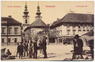 1906 Temesvár, Timisoara; Losonczy tér, Szerb templom, Kerscher üzlete, piaci árusok, csendőr. W. L. (?) 26. / square, street view, Serbian church, shops, market vendors, gendarme (EK)