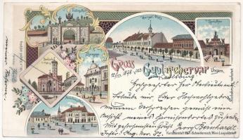 1898 (Vorläufer) Gyulafehérvár, Alba Iulia, Karlsburg; Festungsthor, Hunyadi Platz, Karlsthor, Synagoge, Domkirche, Novak Ferencz Platz. Kunstanstalt Karl Schwidernch / Várkapu, Károly kapu, zsinagóga, tér, templom / castel gate, squares, synagogue, church. Art Nouveau, floral, litho (EK)