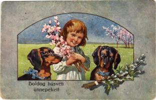 Boldog húsvéti ünnepeket / Easter greeting art postcard with Dachshund dogs. B.K.W.I. 4564-4. (EM)