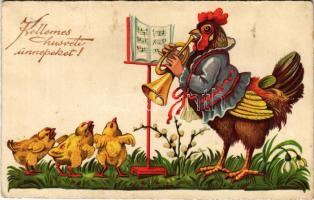 Kellemes húsvéti ünnepeket / Easter greeting art postcard with chicken and rooster (Rb)