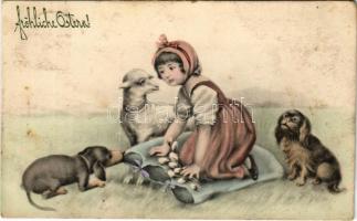 1914 Fröhliche Ostern! / Easter greeting art postcard, girl with dogs and sheep (EK)