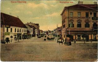 Marosvásárhely, Targu Mures; Szentgyörgy utca, Fonciere biztosító, Harmath Sándor és Henning Károly üzlete. Révész Béla kiadása / street, shops (fa)