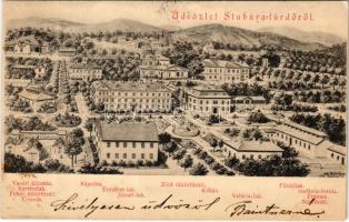 1903 Stubnyafürdő, Túróchévíz, Stubnianske Teplice, Turcianske Teplice; vasútállomás, Kertészlak, Fehér tükörfürdő, uszoda, kápolna, Erzsébet lak, József lak, Kőház, Valéria lak, Fürdőlak, Stefánia-forrás, étterem, népfürdő / railway station, villas, spa, baths, restaurant, spring source (EK)