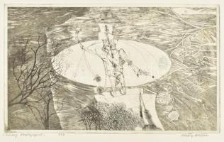 Almásy Aladár (1946-): Részeg kéményseprő. Rézkarc, papír, jelzett. 18x29 cm