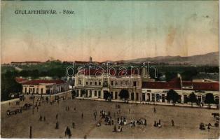 1912 Gyulafehérvár, Alba Iulia, Karlsburg; Fő tér, piac, Fürst és Weiss Bernát üzlete. Kaufmann H. kiadása / main square, market, shops (EK)