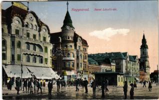 1915 Nagyvárad, Oradea; Szent László tér, Vigadó Mozgószínház, mozi, Fekete Sas nagy szálloda, biztosító, hitelbank. Benkő Artur kiadása / square, shops, cinema, hotel, insurance company, credit bank (EK)