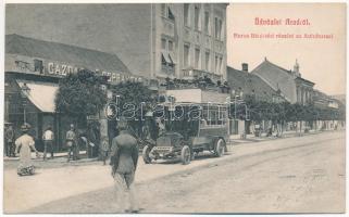 1912 Arad, Boros Béni téri részlet, emeletes autóbusz, gazdasági Gépraktár. Kerpel Izsó kiadása, Ruhm Ödön felvétele / square, double-decker autobus