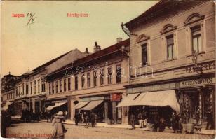 1909 Lugos, Lugoj; Király utca, Schönborn, Kohn Adolf és fiai, Blum üzlete, Mayer Károly vaskereskedése az arany lóvakaróhoz. Sziklai Lajos kiadása / street, shops (EK)