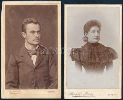 cca 1880 Női és férfi portré, 2 db keményhátú fotó Ravasz Imre és Auerbach Miksa aradi műterméből, 10,5×6,5 cm