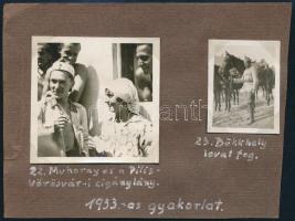 1933 Katonák cigány lánnyal és lóval, 2 db fotó kartonlapra ragasztva, feliratozva (Pilisvörösvár, Bükkhely) 4,5×3,5 és 6×6 cm