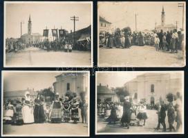 cca 1930 Mezőkövesdi életképek, népviselet, körmenet, 4 db fotó, foltos, 8,5×11 cm