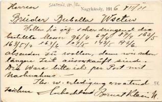 1916 Nagykároly, Carei; Klein Bernáth Nachfolger Kurz und Wirkwaren Grosshandlung / Rövidáru és hari...