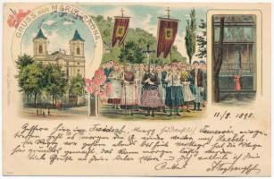 1898 (Vorläufer) Máriaradna, Mária-Radna, Radna (Lippa, Lipova); Kegytemplom, belső, búcsújáróhely / pilgrimage site, pilgrimage church, interior, procession. Ottmar Zieher Art Nouveau, floral, litho (EK)