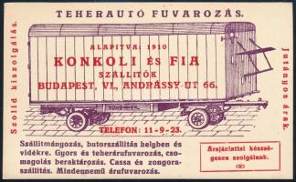 cca 1930 Teherautó fuvarozás - Konkoli és Fia (Bp. Andrássy út) reklámlap