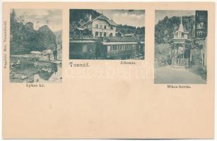 Tusnád, vasútállomás és vonat, Mikes forrás, Lykas kő. Nagylaki Mór kiadása / railway station and train, mineral water spring
