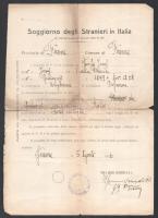 1926 Firenze, Győrfy K. József (1899-?) festőművész részére kiállított tartózkodási engedély + hotel...