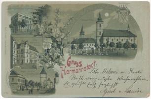 1899 (Vorläufer) Nagyszeben, Hermannstadt, Sibiu; Naturhistorisches Museum, Grosser Ring, Stadtwappen, Hotel Römischer Kaiser, Thater mit alten Stadtthürmen. Karl Graef / Természettudomány múzeum, tér, Római császár szálloda, színház és torony / museum, square, hotel, theatre and tower. Art Nouveau, floral, litho (Rb)