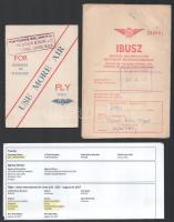 8 db magyar és külföldi utazási jegy, irat: IBUSZ, VOLÁN, MALÉV jegyek, BAT tájékoztató, indiai szes...