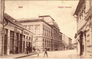 1914 Arad, Polgári fiú iskola, Rácz Sebestyén hentes üzlete, Seiler Bertalan és Várhol László üzlete. Ifj. Klein Mór kiadása / boy school, shops, butcher (EK)