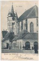 1903 Szászsebes, Mühlbach, Sebesul Sasesc, Sebes; Evang. Kirche / Evangélikus templom, Josef Hientz üzlete és saját kiadása / Lutheran church, shop (EK)