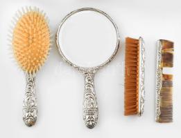 Antik angol ezüst (Ag) borítású 4 darabos piperekészlet, tükör, fésű, kefék, Made in England jelzéss...