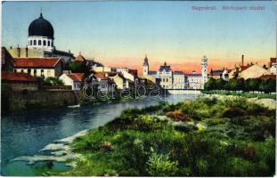 1915 Nagyvárad, Oradea; Körösparti részlet a zsinagógával. Vidor Manó kiadása, Paul Bender Zürich / Cris riverside, synagogue (EK)