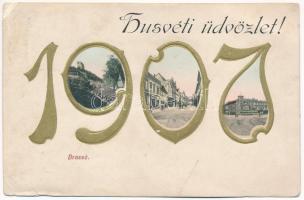 1907 Brassó, Kronstadt, Brasov; Húsvéti üdvözlet 1907-ből. Dombornyomott szecessziós montázs, H. Zeidner / Easter greeting from 1907. Art Nouveau embossed montage (ázott / wet damage)