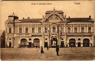 Torda, Turda; Posta és pénzügyi palota, Cs. Mike Márton gyógyszertára a Védangyalhoz, Turcza Géza zsidó fűszerkereskedés üzlete, Bethleni műmalom liszt főraktára. Füssy József kiadása / post and financial palace, pharmacy, Jewish shop (ázott / wet damage)