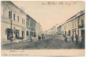 1906 Torda, Turda; Fő tér, Leöb Dávid, Flóra Antal és Sterl Gyula üzlete. Füssy és Sztupjár kiadása / main square, shops (r)
