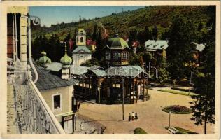 1930 Bártfa, Bártfafürdő, Bardejovské Kúpele, Bardiov, Bardejov; Főforrás a fedett sétánnyal, B. Danay üzlete / spa, spring source, shops (EK)