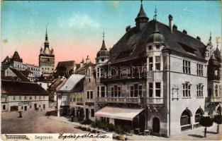 1913 Segesvár, Schässburg, Sighisoara; Gewerbevereins-Gebäude / Iparpalota, gyógyszertár, Fazekas üzlete. W. Nagy kiadása / trade palace, pharmacy, shops (ázott / wet damage)