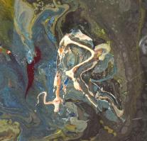 R. Jelzéssel: Bacchanália. Olaj, farost pasztózus festéssel. 55x42 cm