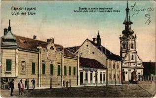 1913 Lippa, Lipova; Búza tér a román templommal, Takarékpénztár részvénytársaság. W.L. Bp. / square and Romanian church, savings bank (Rb)