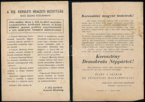 1956 3 db forradalmi röplap (Keresztény Demokrata Néppárt, XIX. kerületi Nemzeti Bizottság, Kispesti Forradalmi Ifjúság Ideiglenes Bizottsága), vegyes állapotban