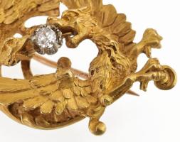 Arany (Au) 18K bross 0,1 ct gyémánttal, jelzés nélkül, 4,5×3,5 cm, bruttó: 18,8 g