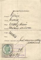 1898 Igazolási jegy 15kr illetékbélyeggel Körmöcbányán kiadva / Id card Cremnitz