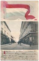 1903 Temesvár, Timisoara; Jenő herceg utca, Heinrich Uhrmann üzlete, Dr. Anton Schwenk fogorvos. Magyar zászlós szecessziós montázs / street, shops, dentist. Art Nouveau with Hungarian flag (Rb)