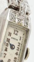 Aris női platina mechanikus óra 40 db gyémánttal, tok: 2,5×1,3 cm, sérült, 10,48 g